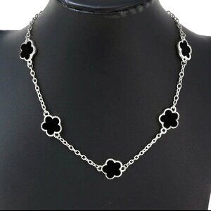 Unisex White Gold Black Five Leaf Clover Necklace